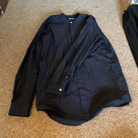 Frank + Oak Men’s Collarless Navy and White Striped Large Button-Up Shirt - Picture 1 of 4